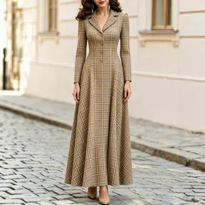 Elegante vestido largo tipo blazer de manga larga con solapa y cuadros para mujer otoño.