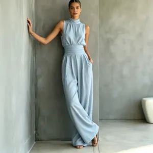 Sleeveless high-neck wide-leg jumpsuit for women, solid color casual fashion long pants summer