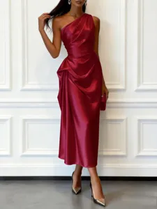 Elegant one-shoulder satin midi dress for women, sleeveless slim fit evening party gown.