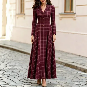 Elegante vestido largo retro de cuadros con solapa de un solo pecho otoño invierno.