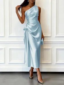 Elegant one-shoulder satin midi dress for women, sleeveless slim fit summer evening party.