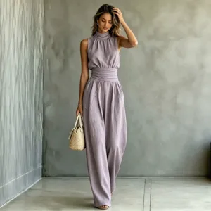 Elegant sleeveless high-neck wide-leg jumpsuit in lavender, stylish casual long pants for women