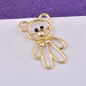 Elegant gold-plated teddy bear brooch with black bead eyes for women's coats and jackets