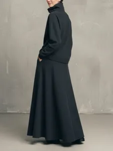 Minimalist dark gray high-neck sweatshirt and long skirt two-piece set, elegant detail view.