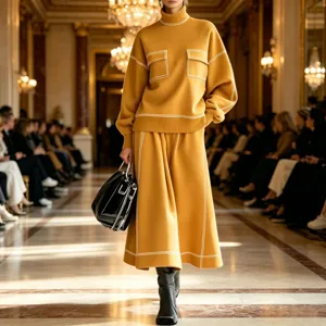 Chic high-neck color-block knit sweater and loose long skirt two-piece set for winter.