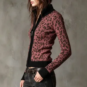 Damen Herbst Winter Retro Leo Print Reißverschluss Strickjacke Slim Fit modische Jacke top
