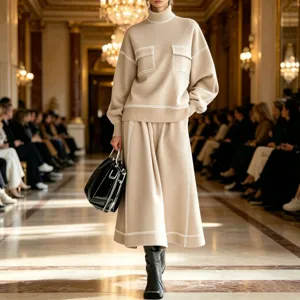 Autumn winter women turtleneck knit two piece set contrast trim long sleeve sweater and skirt