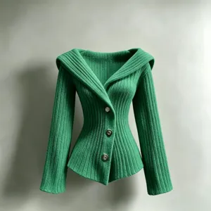 Mujer cárdigan de punto acanalado verde entallado cuello V manga larga suéter top