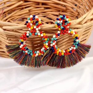 Boho Fächerförmige Quasten Ohrringe Handgefertigte Künstliche Kristallperlen Creolen Für Damen Ethnischen Stil Schmuck