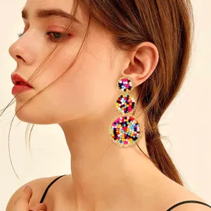 Orecchini Pendenti in Perline di Cristallo Artificiale Fatti a Mano da Donna Lega Boho Geometrici Triplo Tondo Etnici