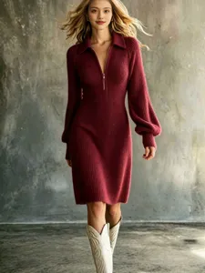 Women's long sleeve knit sweater dress, stylish lapel zip solid color slim winter outfit.