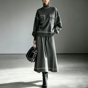 Women Autumn Winter Turtleneck Colorblock Knit Loose Flared Long Skirt Two Piece Set Elegant Casual Top And Bottom Outfit