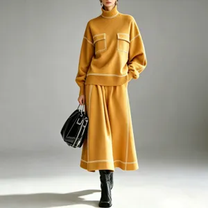 Women Autumn Winter Turtleneck Contrast Knit Sweater And Long Skirt Two-Piece Set