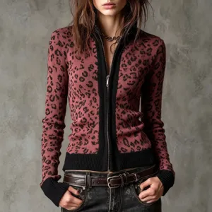 Damen vintage leo muster schmale passform strickjacke mit reissverschluss pullover