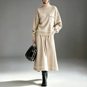 2026 Autumn Winter women's two-piece knit sweater and long skirt set elegant minimalist beige