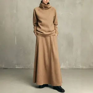 Minimalist camel turtleneck sweatshirt and long skirt two piece set for women fashion