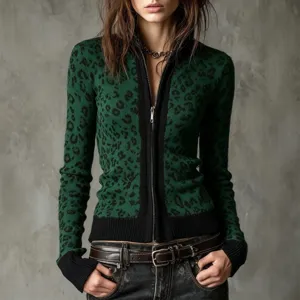 Damen grüne Leo-Muster schmale Passform Full Zip Cardigan Pullover Hauptproduktbild