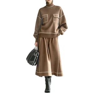 Chic autumn winter knit two piece set with high neck contrast sweater and long skirt.
