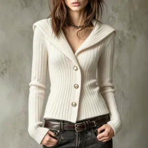 Cardigan De Punto Acanalado Blanco Mujer Cuello V Slim Fit Manga Larga Otoño Top