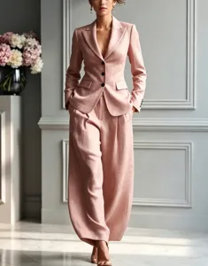 Elegant pink women trouser suit detail view, premium fabric texture and tailored fit style.