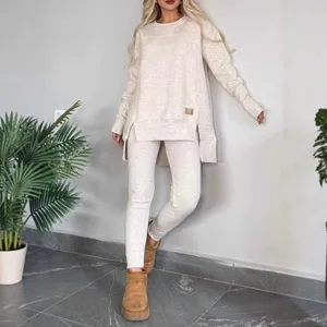 Women casual two piece lounge set long sleeve split hem top and leggings solid color knit outfit