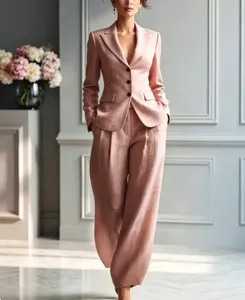 Women fashion casual suit jacket and wide leg pants two piece set elegant pink blazer outfit