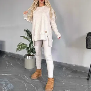 Casual solid color long sleeve fleece top and leggings lounge set for women autumn winter