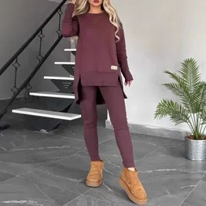 Women solid color thermal long sleeve split sweatshirt matching leggings casual outfit set