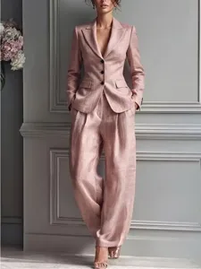 Women two-piece casual suit jacket and long pants set, elegant fashion outfit for daily wear.