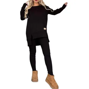 Casual women's long sleeve slit top and leggings set for autumn and winter daily wear.