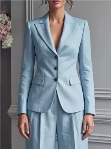 Light blue women's casual suit jacket and trousers set, elegant two-piece office apparel.