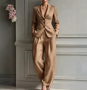 Women casual khaki blazer and wide-leg trousers suit set, elegant two-piece outfit for daily wear.