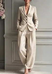 Women casual beige suit set featuring a notched lapel blazer and wide-leg trousers detail.