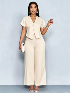 Detail view of the stylish beige short sleeve irregular cardigan and wide leg pants set.