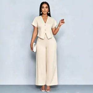 Elegant summer two piece set short sleeve V-neck cardigan and wide leg trousers chic casual outfit