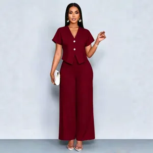 Elegant women short sleeve v neck crop top and wide leg trousers casual two piece set