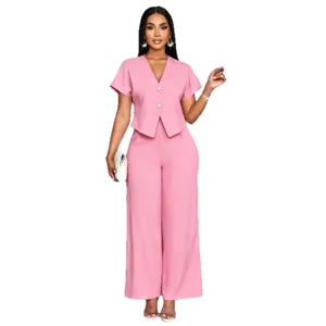 Womens summer casual two piece set short sleeve V neck cardigan and straight wide leg pants