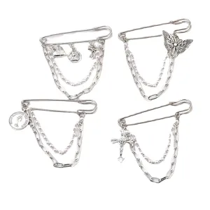 Set of 4 punk style safety pin brooches with chains and butterfly cross charms