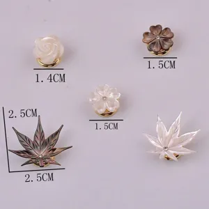 Vista dettagliata di spille magnetiche in conchiglia naturale a forma di fiore e foglia