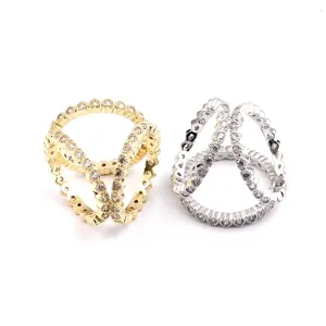 Detailed view of premium gold and silver triple-ring scarf buckles with crystal stone inlay