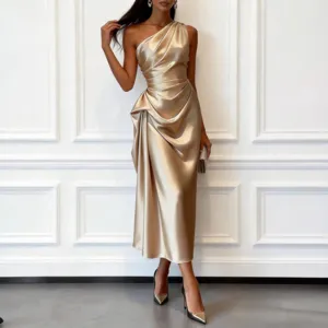 Women Elegant High Elastic Satin One Shoulder Sleeveless Slim Fit Midi Dress Sexy Evening Party Cocktail Dress
