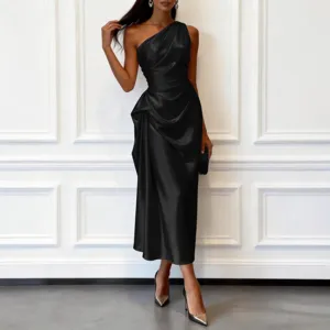 Elegant black satin one-shoulder midi dress for women, sleeveless slim fit evening party wear.