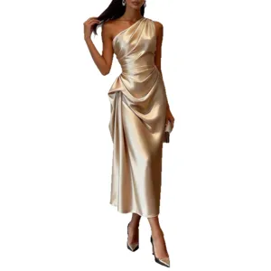 Elegant one-shoulder satin midi dress for women, sleeveless waist-cinching summer evening gown.