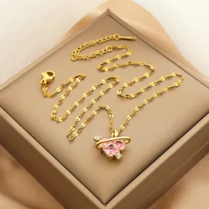 Collar de corazon rosa planeta de acero de titanio detalle de joyeria de moda chic!