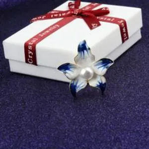 Elegante blauw-witte bloemenbroche met een witte parel op een geschenkdoos achtergrond