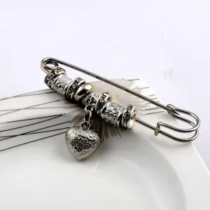Vintage silver safety pin brooch with decorative beads and engraved heart charm for shawls