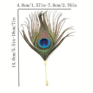 Measurement detail of handmade peacock feather stick pin brooch showing size dimensions