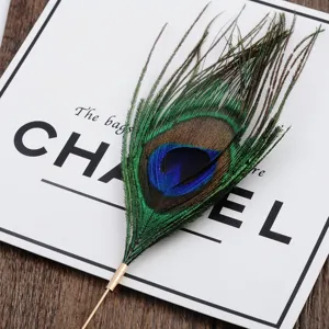 Macro detail of natural peacock feather brooch showing vibrant blue and green eyes