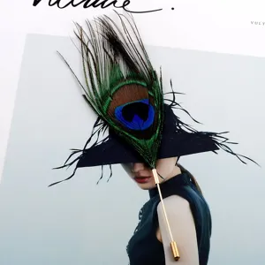 Detail of elegant handmade peacock feather long needle brooch on fashion background