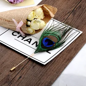Detailed close-up of a natural iridescent peacock feather eye on a gold-tone brooch needle.